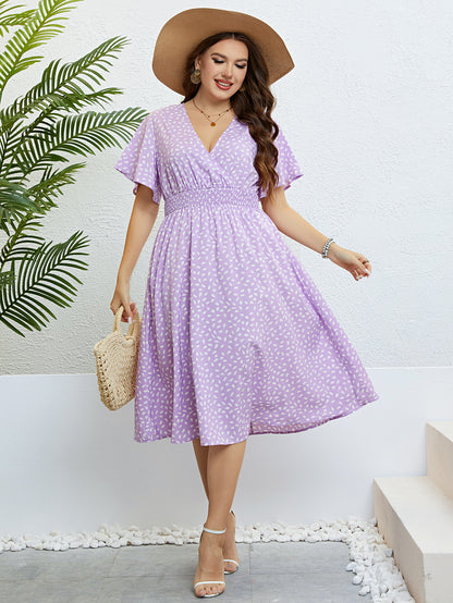 Fashion Butterfly Sleeve Print Long Dress Plus Size Women Summer Vacation Elastic Waist Casual Party Sweet Midi A-Line Dresses
