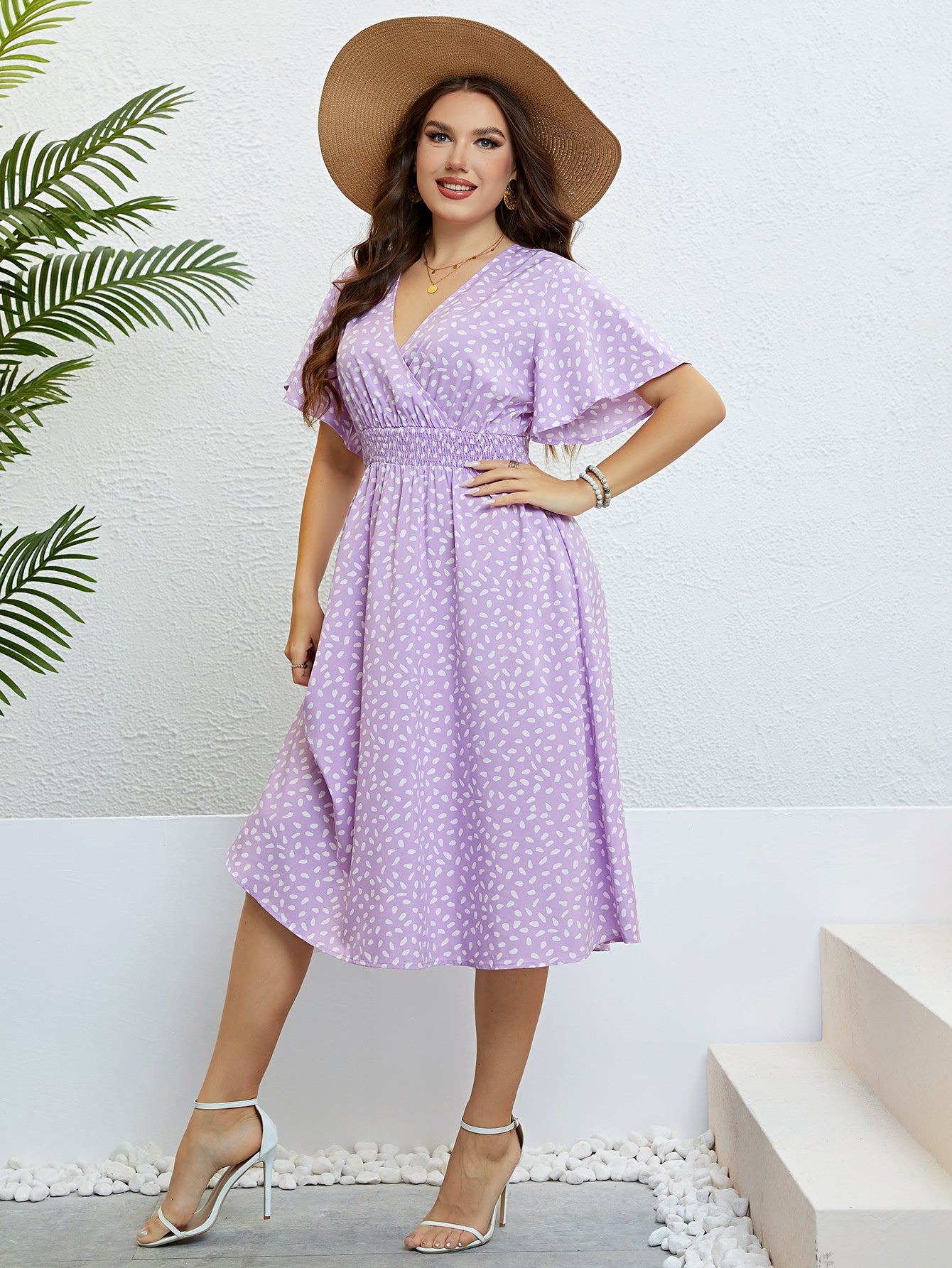 Fashion Butterfly Sleeve Print Long Dress Plus Size Women Summer Vacation Elastic Waist Casual Party Sweet Midi A-Line Dresses
