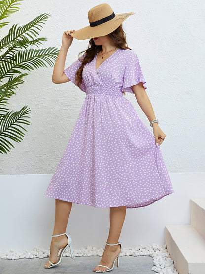 Fashion Butterfly Sleeve Print Long Dress Plus Size Women Summer Vacation Elastic Waist Casual Party Sweet Midi A-Line Dresses