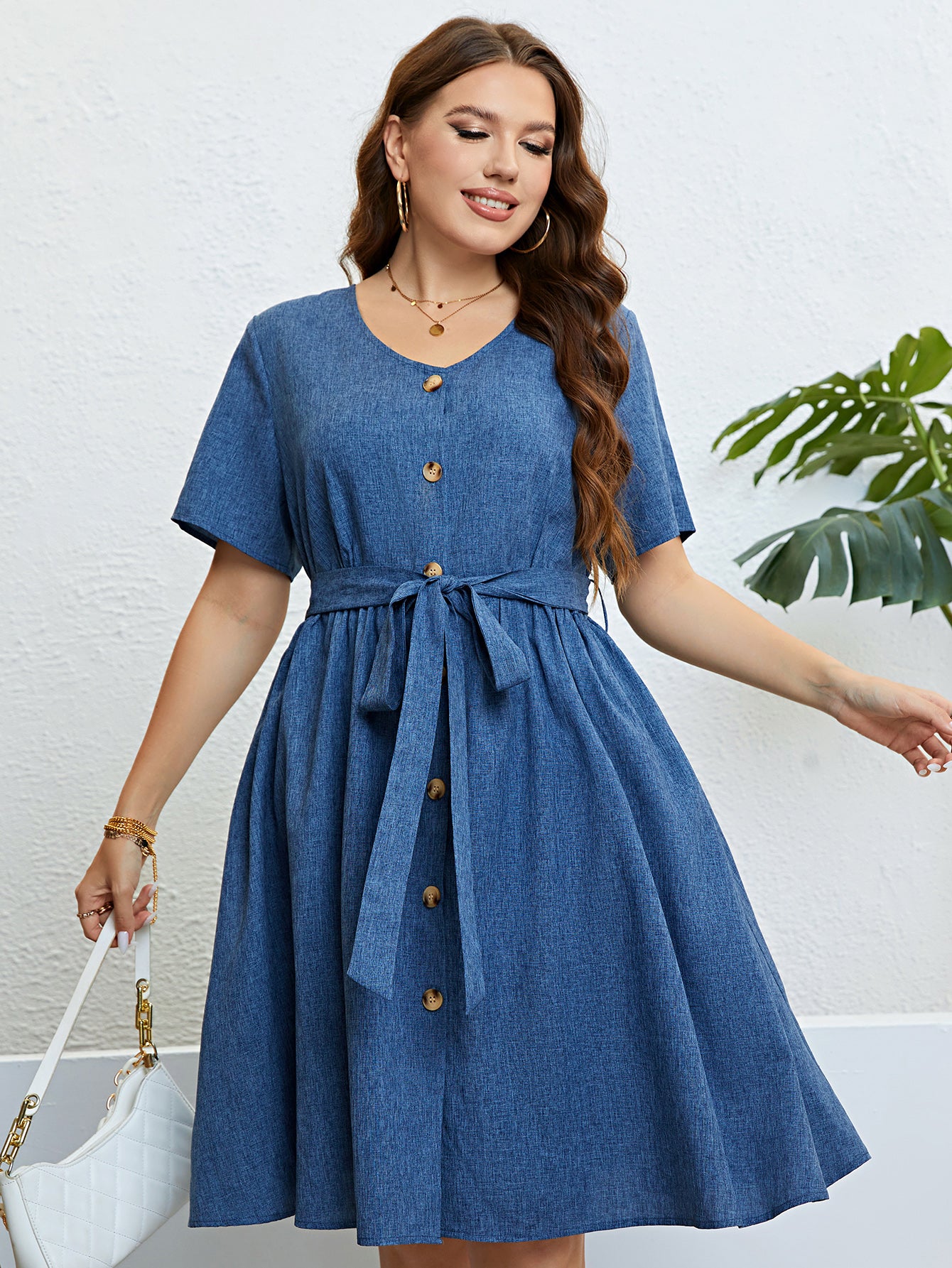 Plus Size Solid Elegant Button Women Dress 2023 Summer Short Sleeve Office Ladies Casual A-Line Party Large Size Midi Dresses