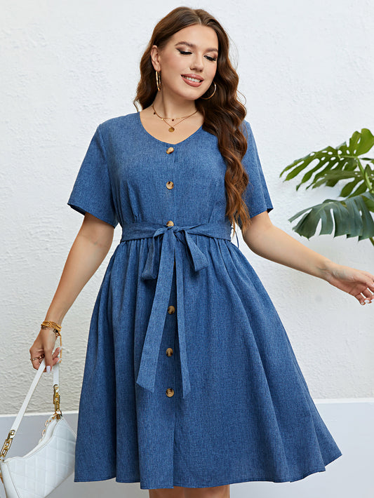 Plus Size Solid Elegant Button Women Dress 2023 Summer Short Sleeve Office Ladies Casual A-Line Party Large Size Midi Dresses