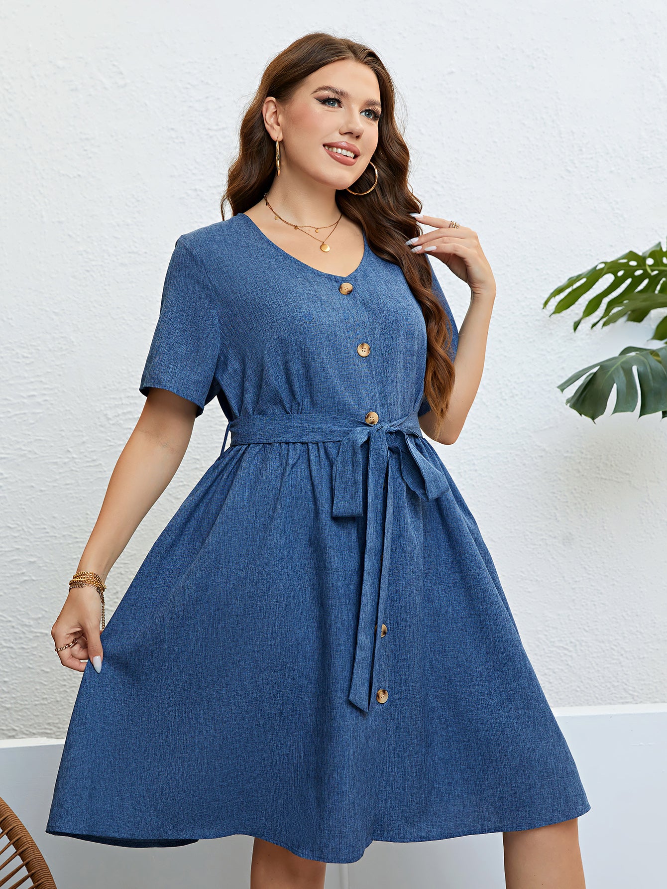 Plus Size Solid Elegant Button Women Dress 2023 Summer Short Sleeve Office Ladies Casual A-Line Party Large Size Midi Dresses