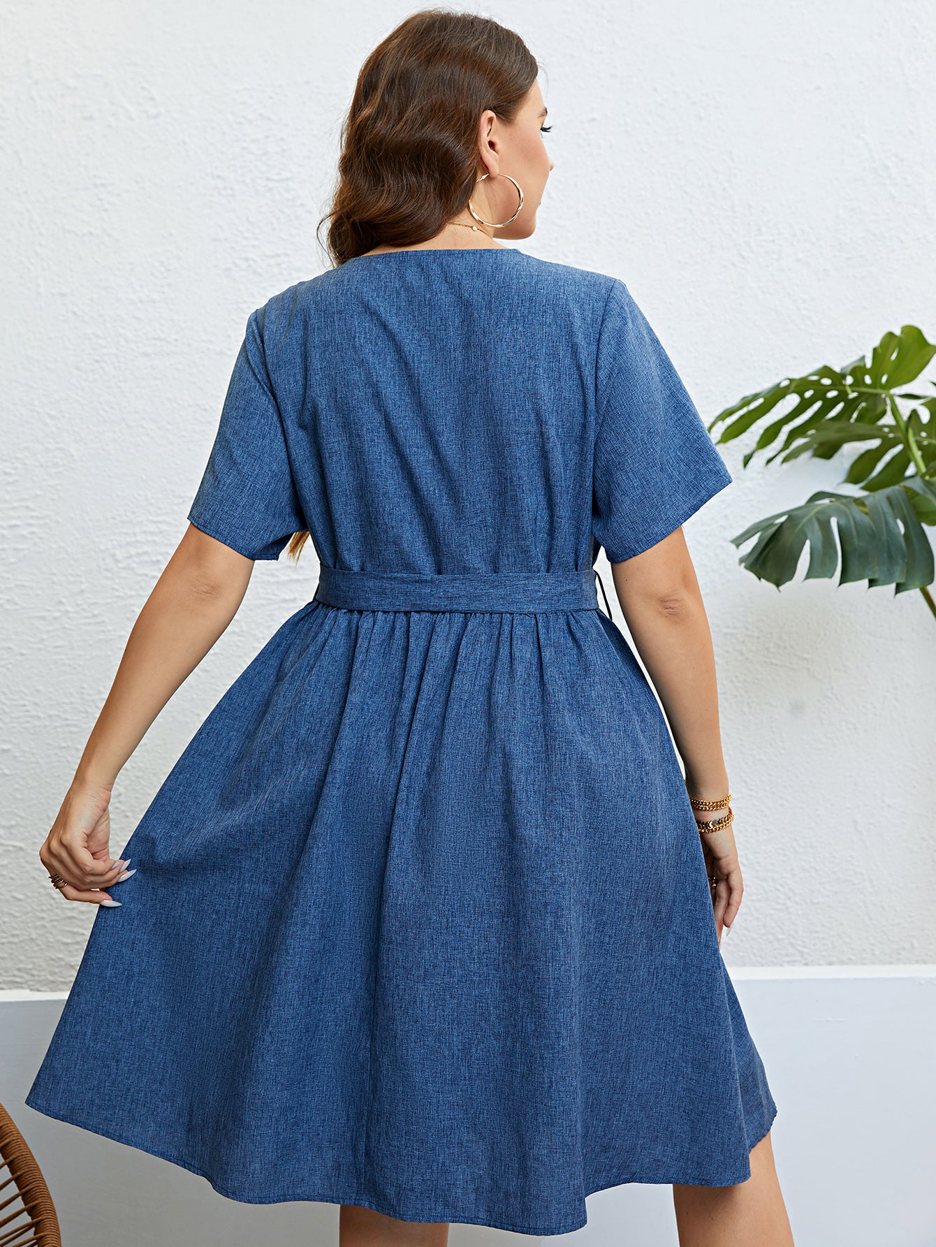 Plus Size Solid Elegant Button Women Dress 2023 Summer Short Sleeve Office Ladies Casual A-Line Party Large Size Midi Dresses