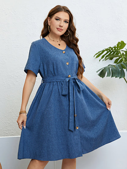 Plus Size Solid Elegant Button Women Dress 2023 Summer Short Sleeve Office Ladies Casual A-Line Party Large Size Midi Dresses