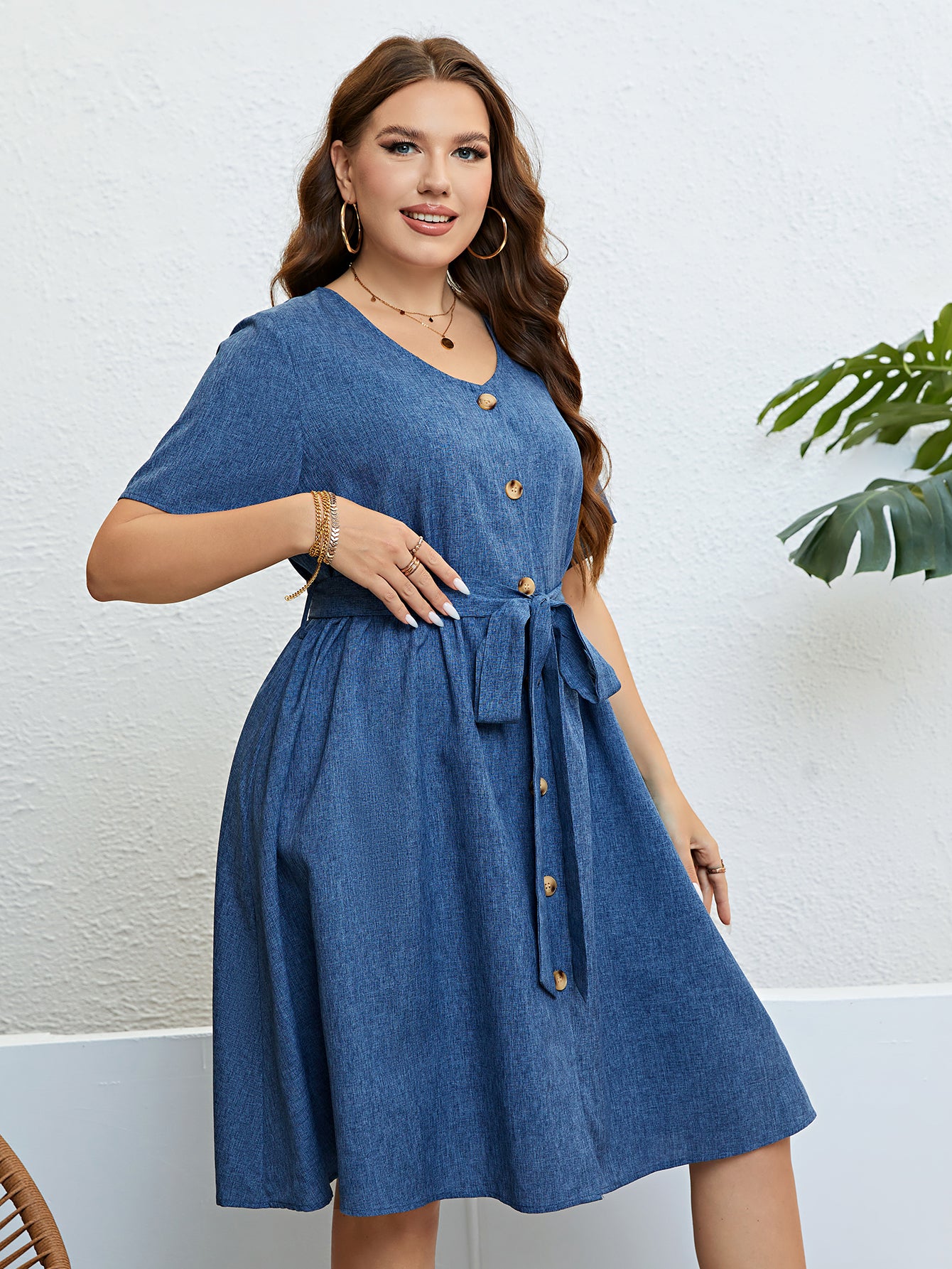 Plus Size Solid Elegant Button Women Dress 2023 Summer Short Sleeve Office Ladies Casual A-Line Party Large Size Midi Dresses