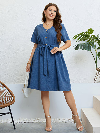 Plus Size Solid Elegant Button Women Dress 2023 Summer Short Sleeve Office Ladies Casual A-Line Party Large Size Midi Dresses