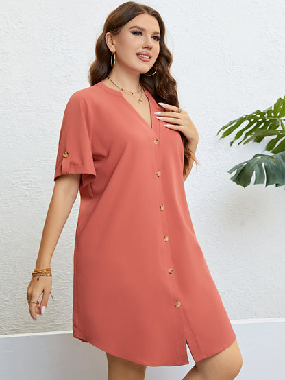 Summer Plus Size Women's Clothing V-neck Solid Button Dress Loose Casual Chiffon Vacation Party Ladies Large Size Short Dresses