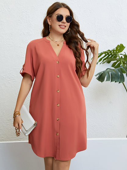 Summer Plus Size Women's Clothing V-neck Solid Button Dress Loose Casual Chiffon Vacation Party Ladies Large Size Short Dresses