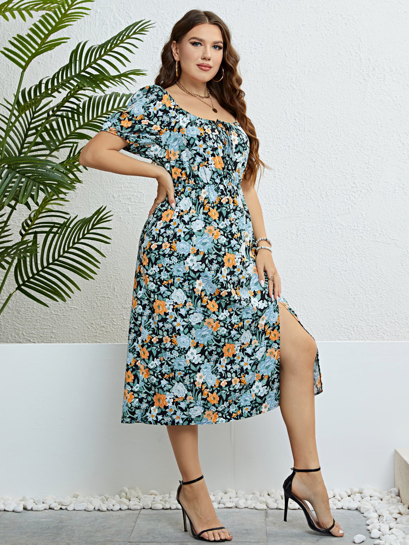 Plus Size Floral Print Knot Front Puff Sleeve Dress Women Summer 2023 Boho Holiday Elastic Waist Sweet Split Long Dresses