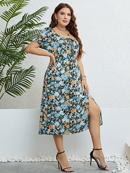 Plus Size Floral Print Knot Front Puff Sleeve Dress Women Summer 2023 Boho Holiday Elastic Waist Sweet Split Long Dresses