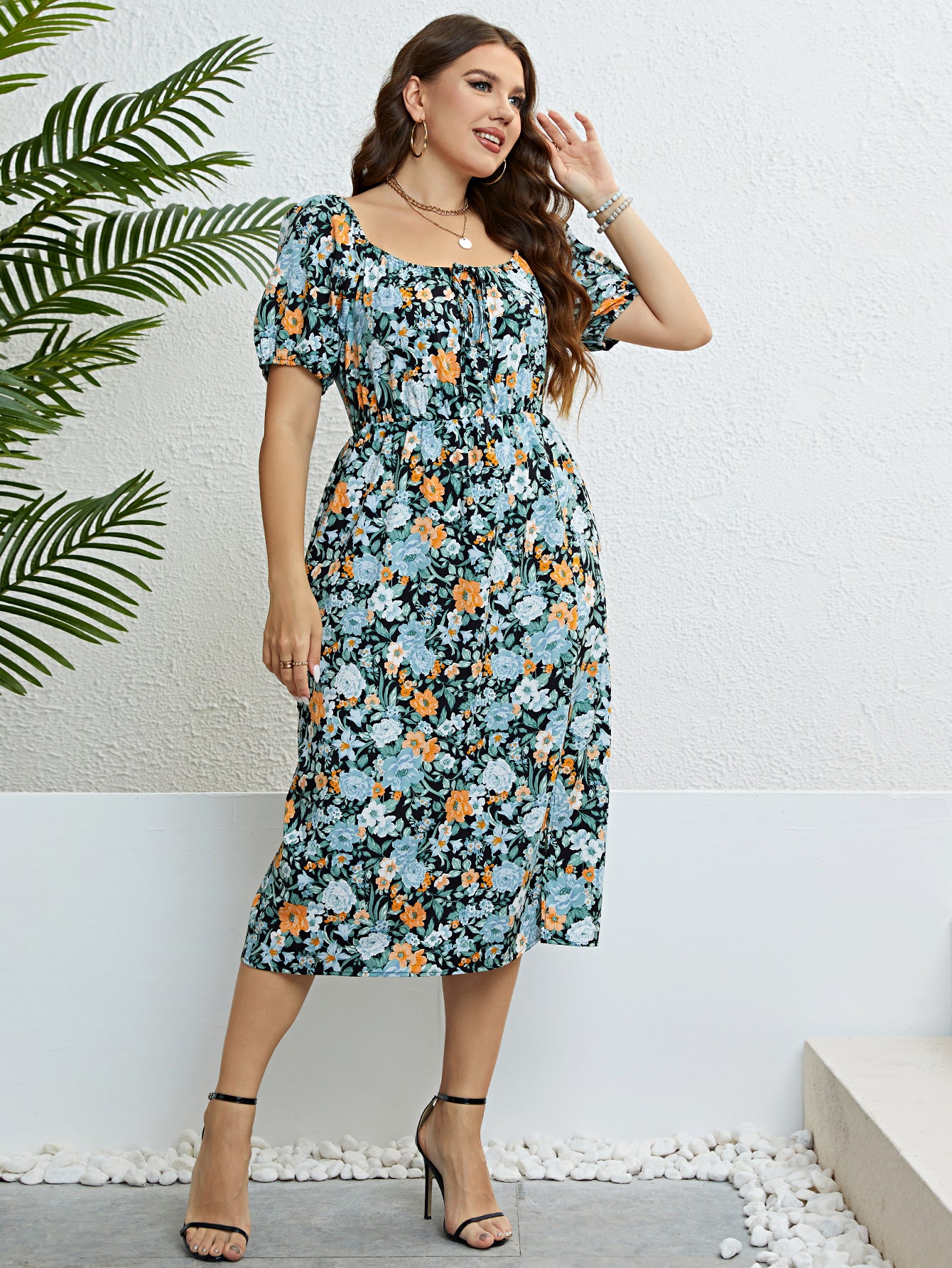 Plus Size Floral Print Knot Front Puff Sleeve Dress Women Summer 2023 Boho Holiday Elastic Waist Sweet Split Long Dresses