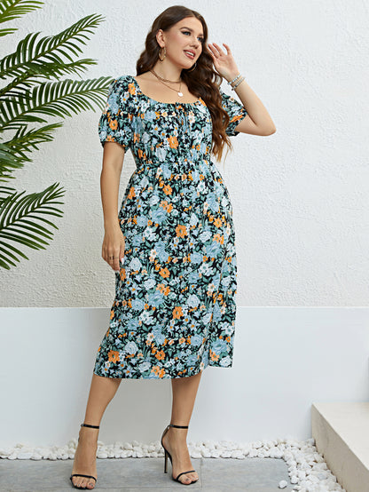 Plus Size Floral Print Knot Front Puff Sleeve Dress Women Summer 2023 Boho Holiday Elastic Waist Sweet Split Long Dresses