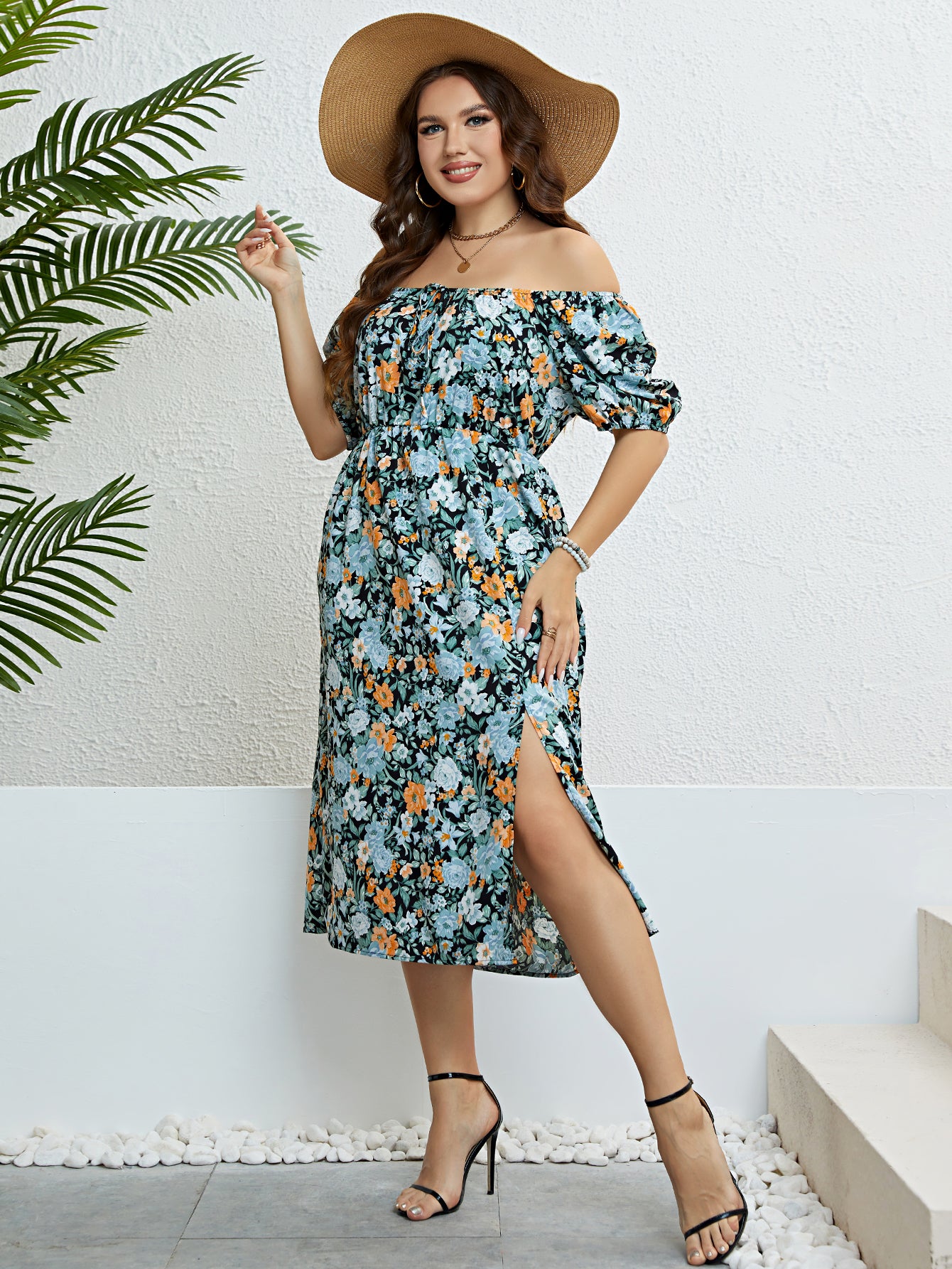Plus Size Floral Print Knot Front Puff Sleeve Dress Women Summer 2023 Boho Holiday Elastic Waist Sweet Split Long Dresses