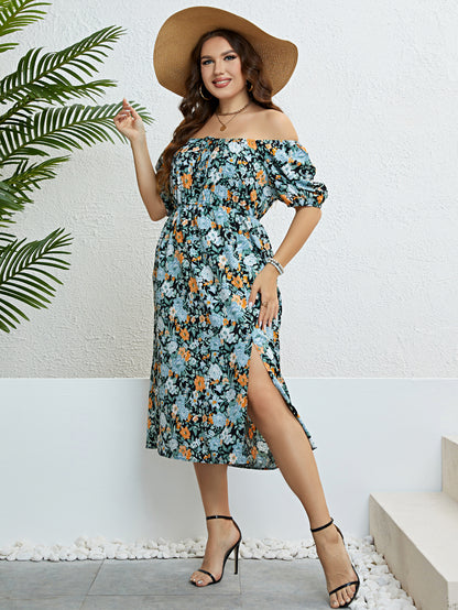 Plus Size Floral Print Knot Front Puff Sleeve Dress Women Summer 2023 Boho Holiday Elastic Waist Sweet Split Long Dresses