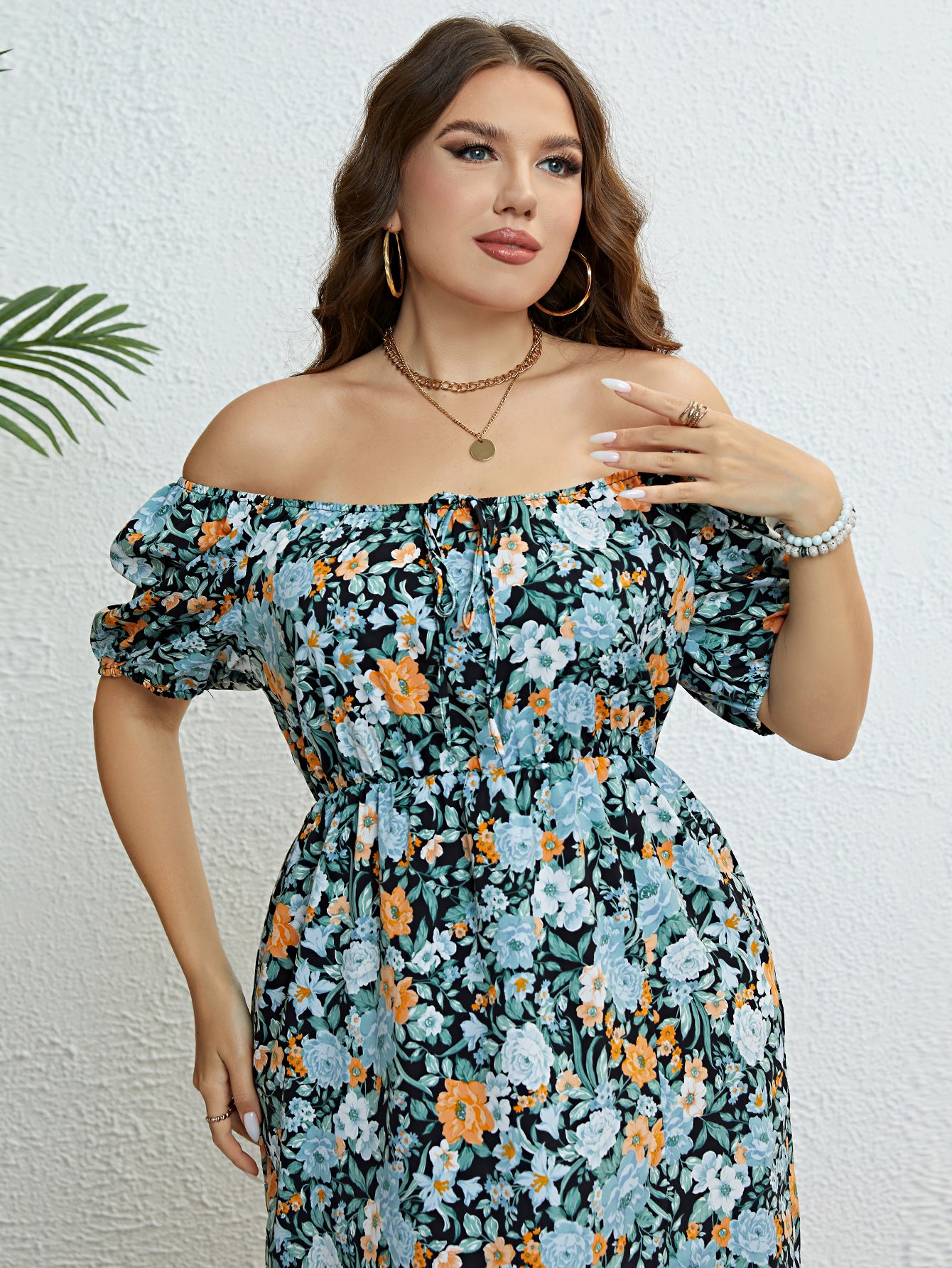Plus Size Floral Print Knot Front Puff Sleeve Dress Women Summer 2023 Boho Holiday Elastic Waist Sweet Split Long Dresses