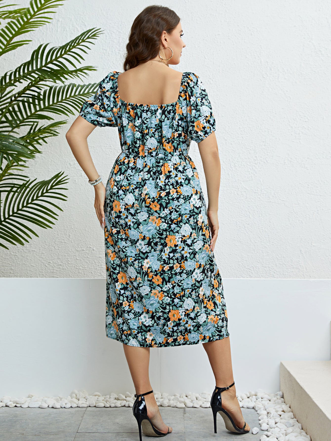 Plus Size Floral Print Knot Front Puff Sleeve Dress Women Summer 2023 Boho Holiday Elastic Waist Sweet Split Long Dresses