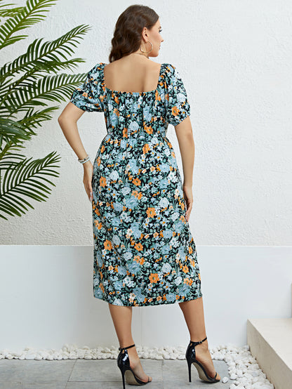 Plus Size Floral Print Knot Front Puff Sleeve Dress Women Summer 2023 Boho Holiday Elastic Waist Sweet Split Long Dresses