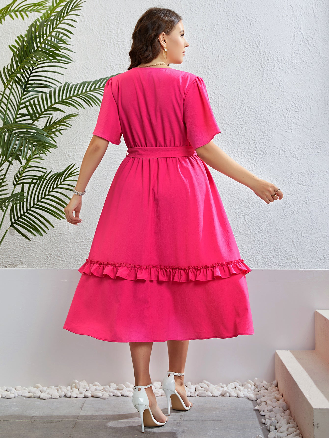4XL 3XL Plus Size Clothing V-neck Belted Midi Dress Women 2023 Summer Vacation Party Casual Sweet A-line Solid Long Dresses