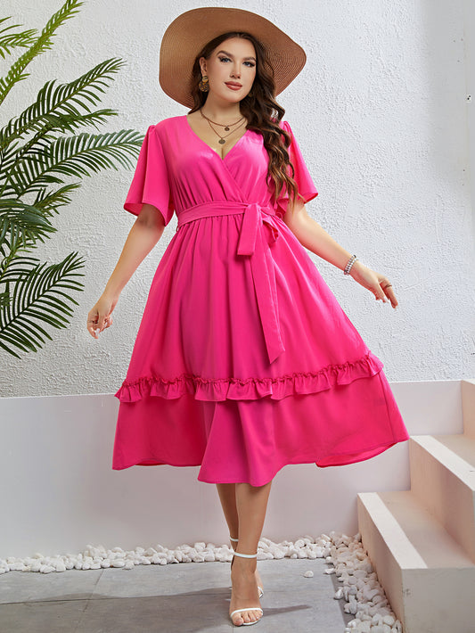 4XL 3XL Plus Size Clothing V-neck Belted Midi Dress Women 2023 Summer Vacation Party Casual Sweet A-line Solid Long Dresses