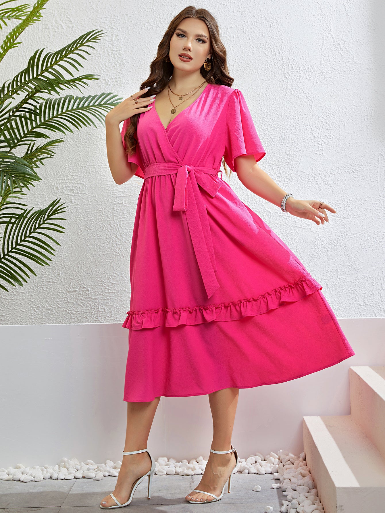 4XL 3XL Plus Size Clothing V-neck Belted Midi Dress Women 2023 Summer Vacation Party Casual Sweet A-line Solid Long Dresses