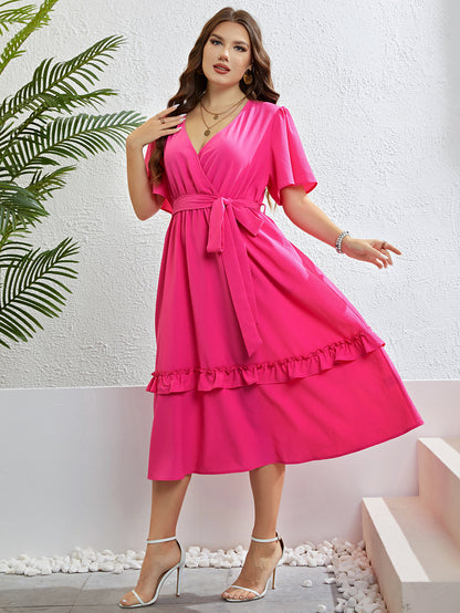 4XL 3XL Plus Size Clothing V-neck Belted Midi Dress Women 2023 Summer Vacation Party Casual Sweet A-line Solid Long Dresses