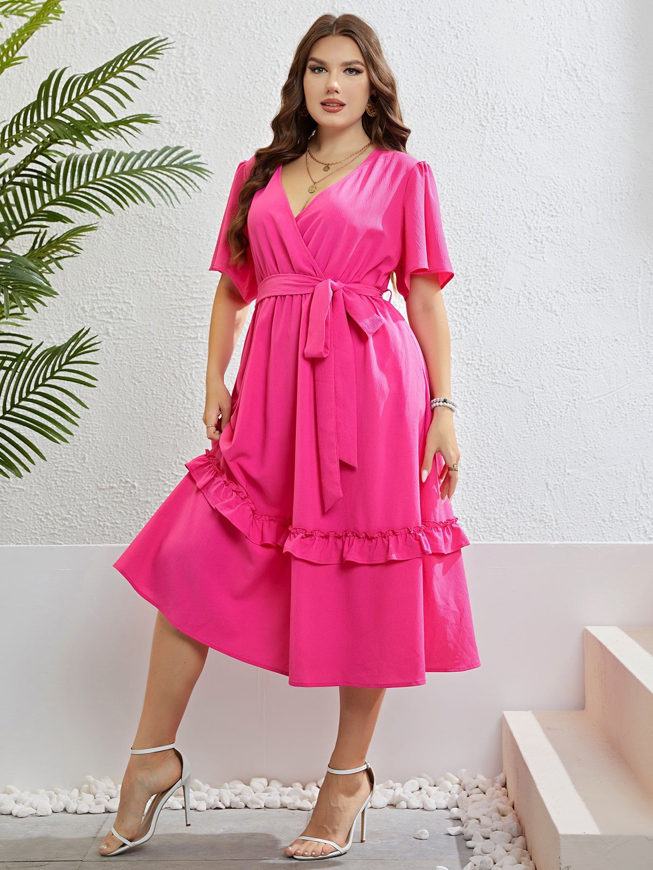 4XL 3XL Plus Size Clothing V-neck Belted Midi Dress Women 2023 Summer Vacation Party Casual Sweet A-line Solid Long Dresses