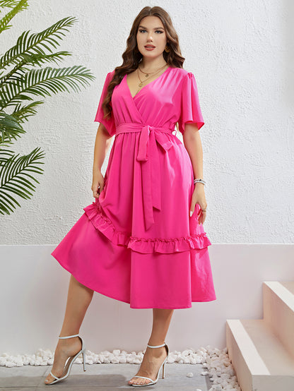 4XL 3XL Plus Size Clothing V-neck Belted Midi Dress Women 2023 Summer Vacation Party Casual Sweet A-line Solid Long Dresses