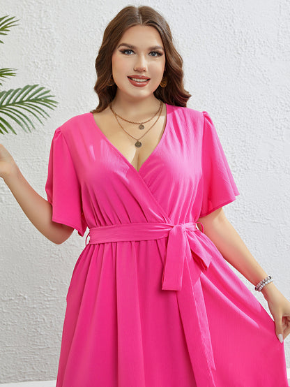 4XL 3XL Plus Size Clothing V-neck Belted Midi Dress Women 2023 Summer Vacation Party Casual Sweet A-line Solid Long Dresses