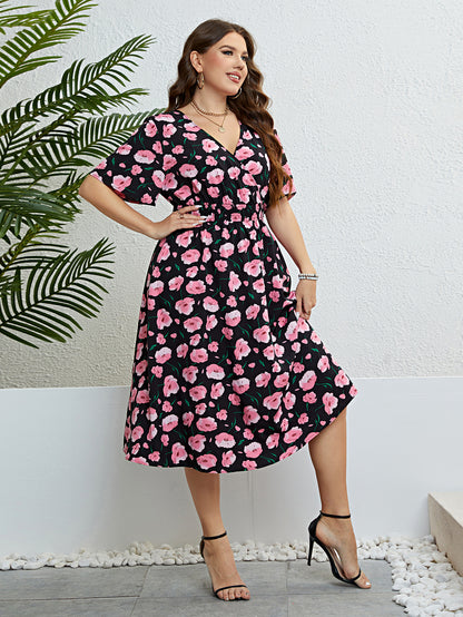 Plus Size Women Clothing Summer Dress Short sleeve Chiffon Dress Sexy V-neck Elastic Waist Floral Print Beach Long Dresses 4XL