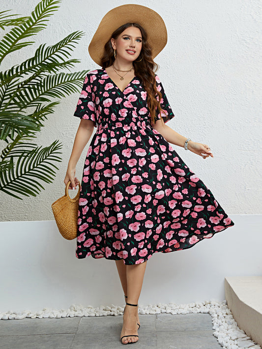Plus Size Women Clothing Summer Dress Short sleeve Chiffon Dress Sexy V-neck Elastic Waist Floral Print Beach Long Dresses 4XL