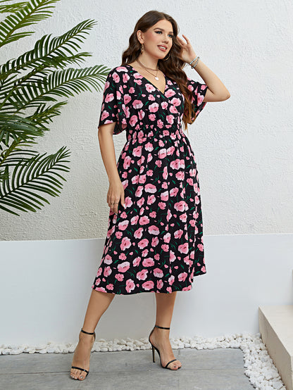 Plus Size Women Clothing Summer Dress Short sleeve Chiffon Dress Sexy V-neck Elastic Waist Floral Print Beach Long Dresses 4XL