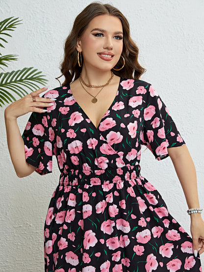 Plus Size Women Clothing Summer Dress Short sleeve Chiffon Dress Sexy V-neck Elastic Waist Floral Print Beach Long Dresses 4XL
