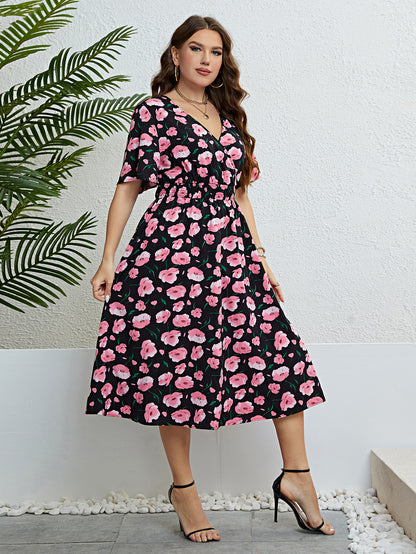 Plus Size Women Clothing Summer Dress Short sleeve Chiffon Dress Sexy V-neck Elastic Waist Floral Print Beach Long Dresses 4XL