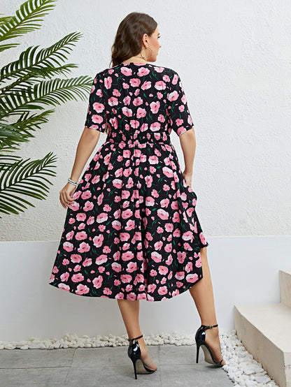 Plus Size Women Clothing Summer Dress Short sleeve Chiffon Dress Sexy V-neck Elastic Waist Floral Print Beach Long Dresses 4XL