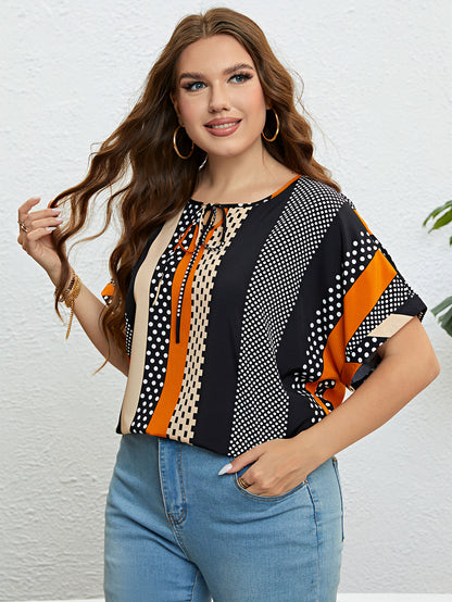 Plus Size Polka Dot Colorblock Tie Neck Blouse Women 2023 New Summer Short Sleeve Sweet Casual Ladies Tops And Blouses