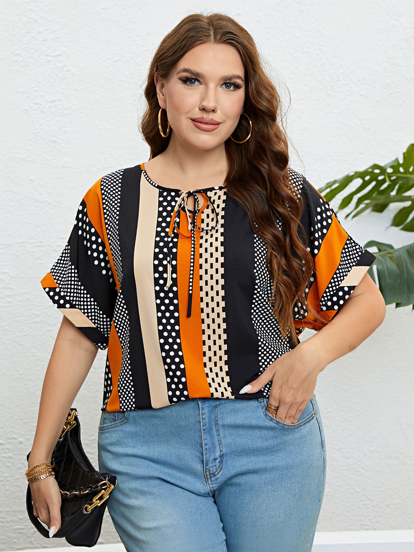 Plus Size Polka Dot Colorblock Tie Neck Blouse Women 2023 New Summer Short Sleeve Sweet Casual Ladies Tops And Blouses