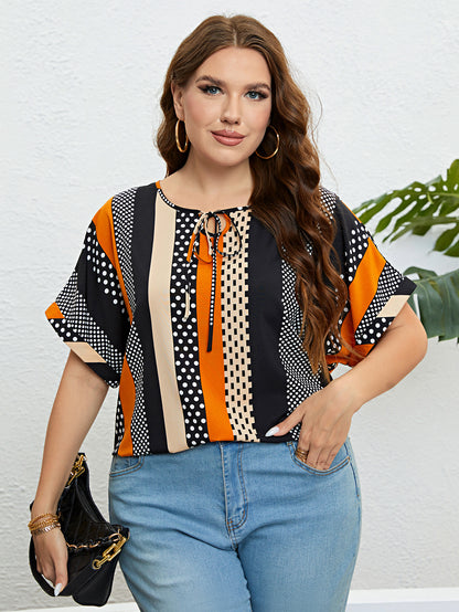 Plus Size Polka Dot Colorblock Tie Neck Blouse Women 2023 New Summer Short Sleeve Sweet Casual Ladies Tops And Blouses