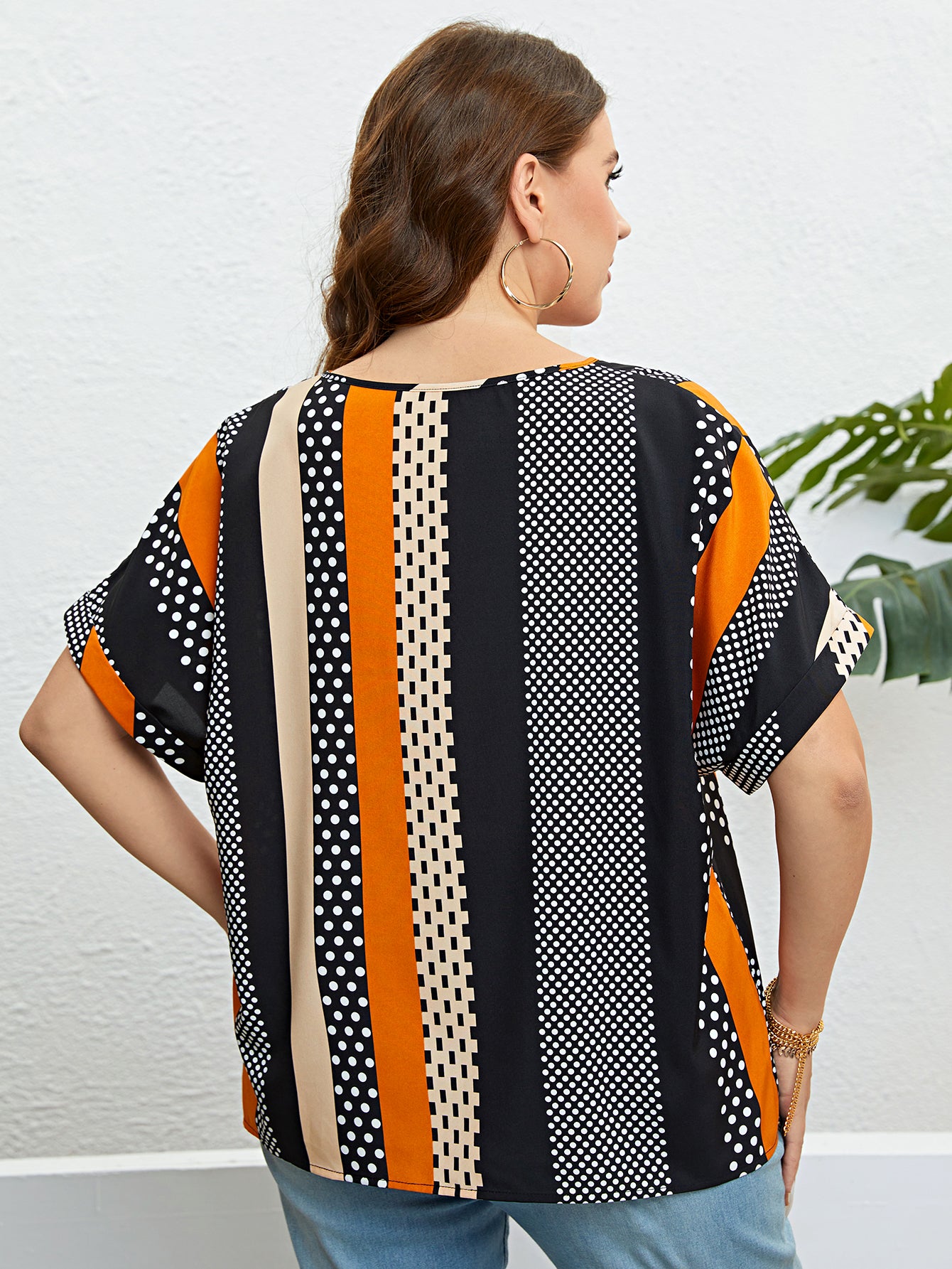 Plus Size Polka Dot Colorblock Tie Neck Blouse Women 2023 New Summer Short Sleeve Sweet Casual Ladies Tops And Blouses