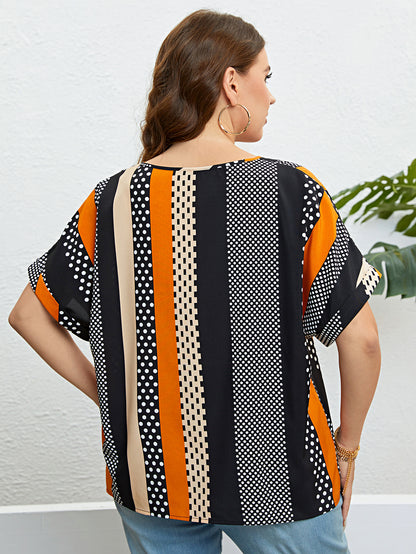 Plus Size Polka Dot Colorblock Tie Neck Blouse Women 2023 New Summer Short Sleeve Sweet Casual Ladies Tops And Blouses