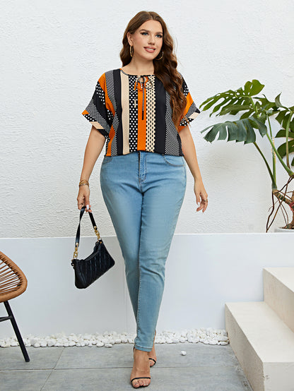Plus Size Polka Dot Colorblock Tie Neck Blouse Women 2023 New Summer Short Sleeve Sweet Casual Ladies Tops And Blouses