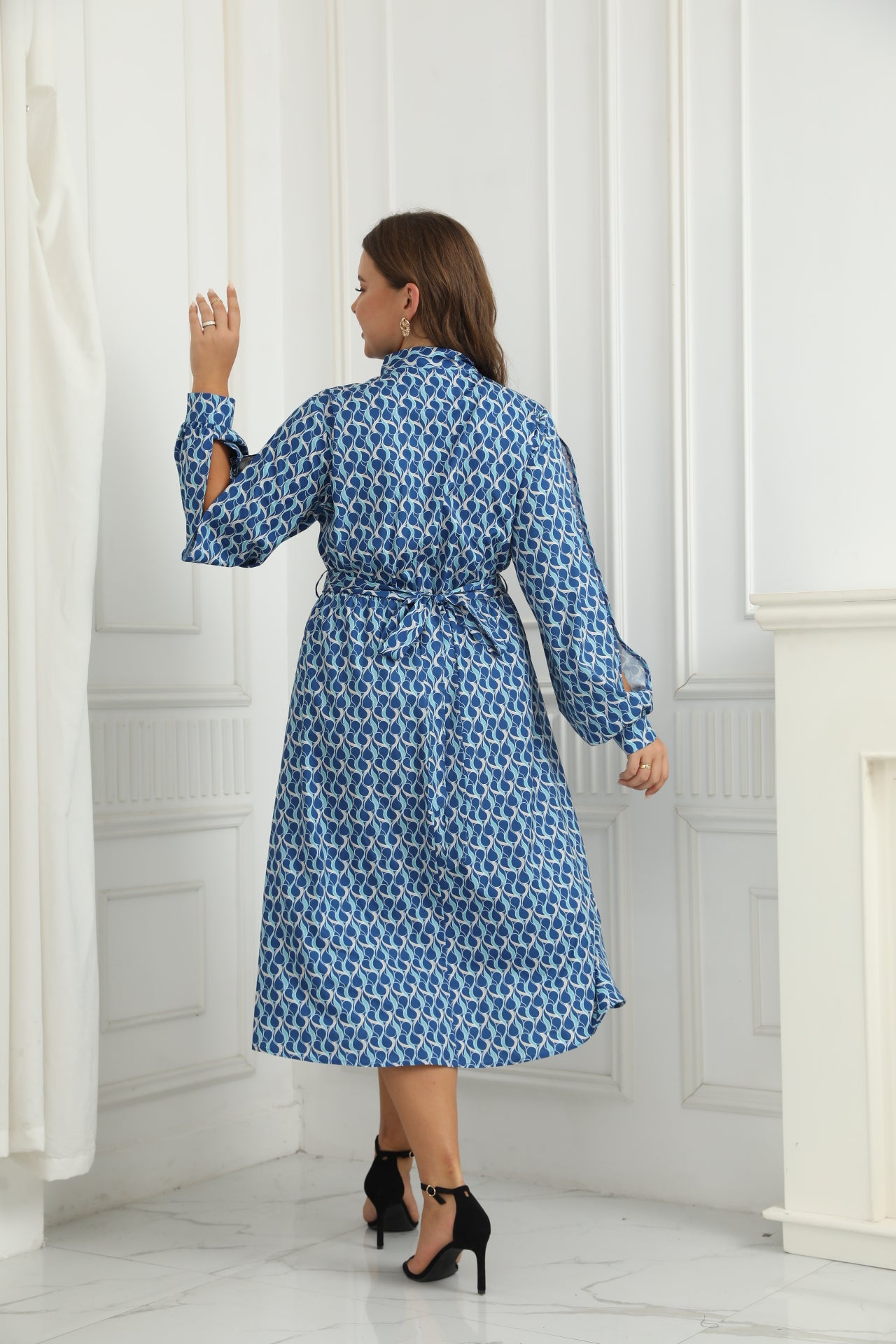 New Arrival Women Printed Side Slit Full Sleeve Polyester Plus Size Long Dress Casual Blue Elegant Midi Dresses Women's Clothing