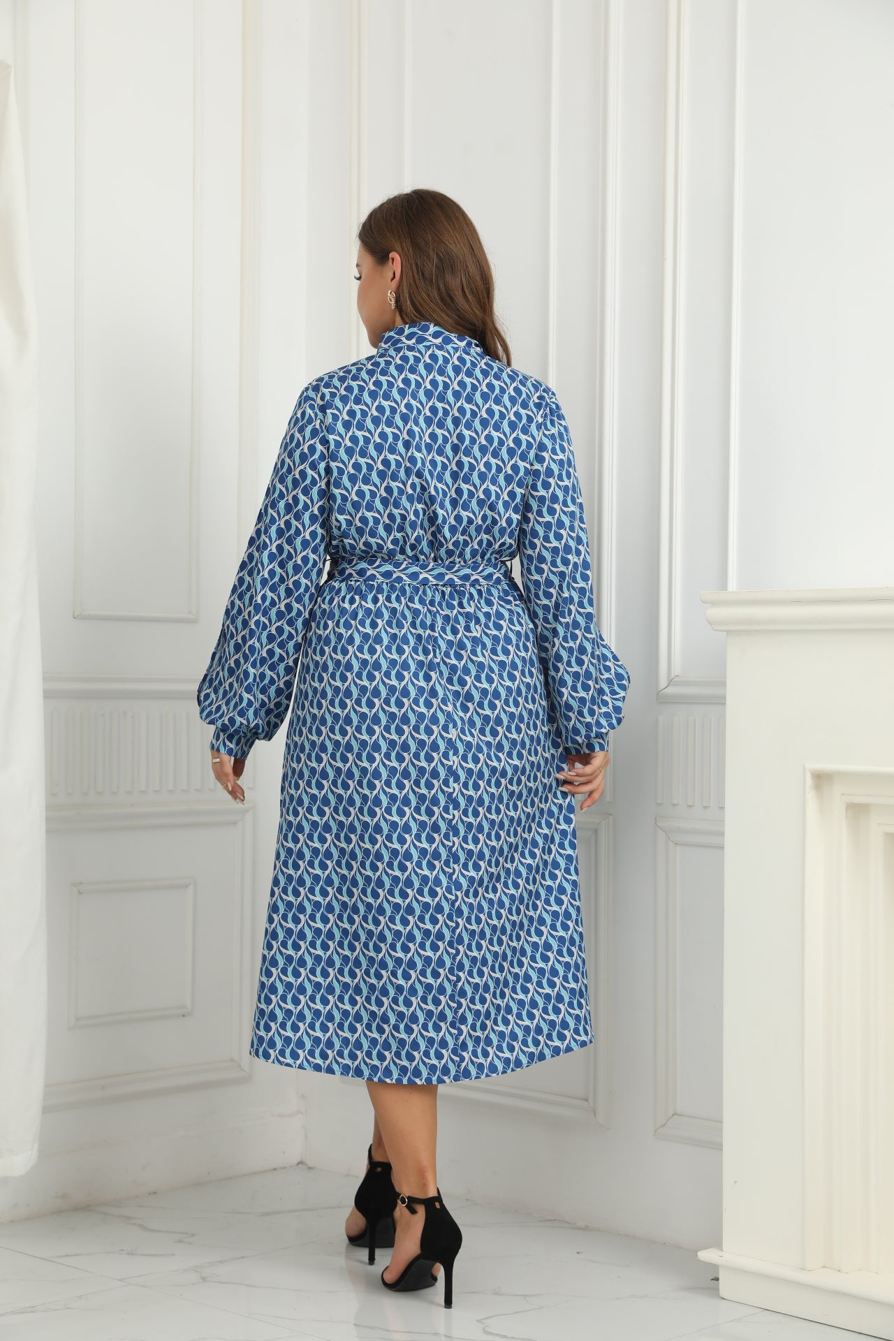 New Arrival Women Printed Side Slit Full Sleeve Polyester Plus Size Long Dress Casual Blue Elegant Midi Dresses Women's Clothing