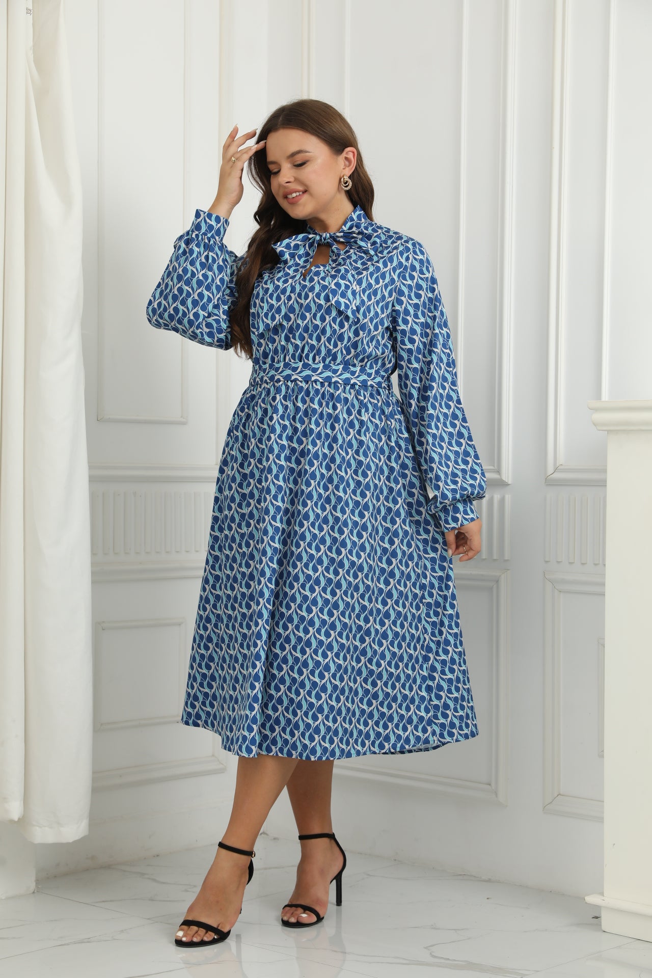 New Arrival Women Printed Side Slit Full Sleeve Polyester Plus Size Long Dress Casual Blue Elegant Midi Dresses Women's Clothing