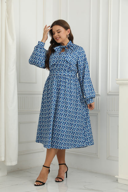 New Arrival Women Printed Side Slit Full Sleeve Polyester Plus Size Long Dress Casual Blue Elegant Midi Dresses Women's Clothing