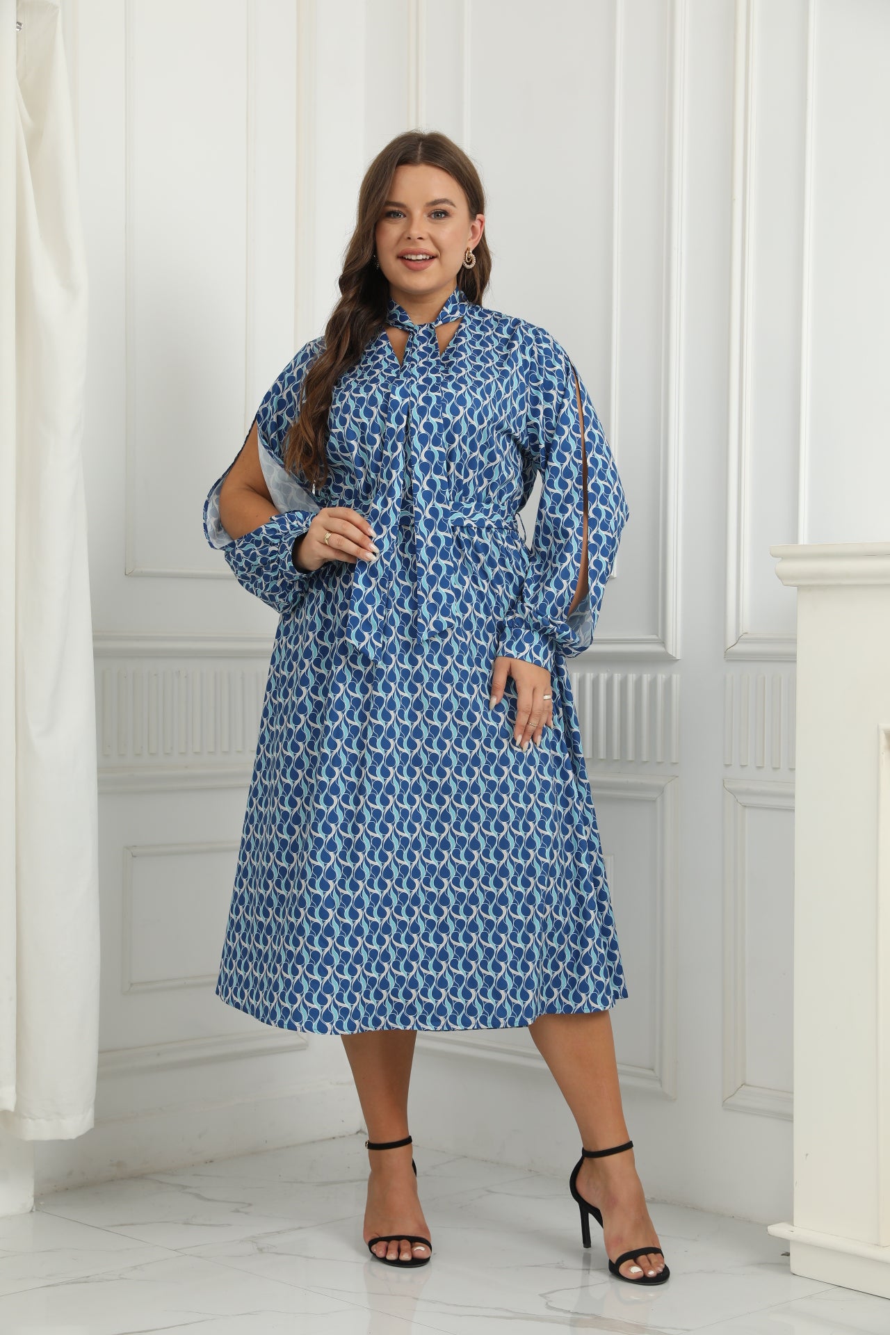 New Arrival Women Printed Side Slit Full Sleeve Polyester Plus Size Long Dress Casual Blue Elegant Midi Dresses Women's Clothing