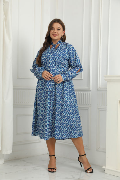 New Arrival Women Printed Side Slit Full Sleeve Polyester Plus Size Long Dress Casual Blue Elegant Midi Dresses Women's Clothing