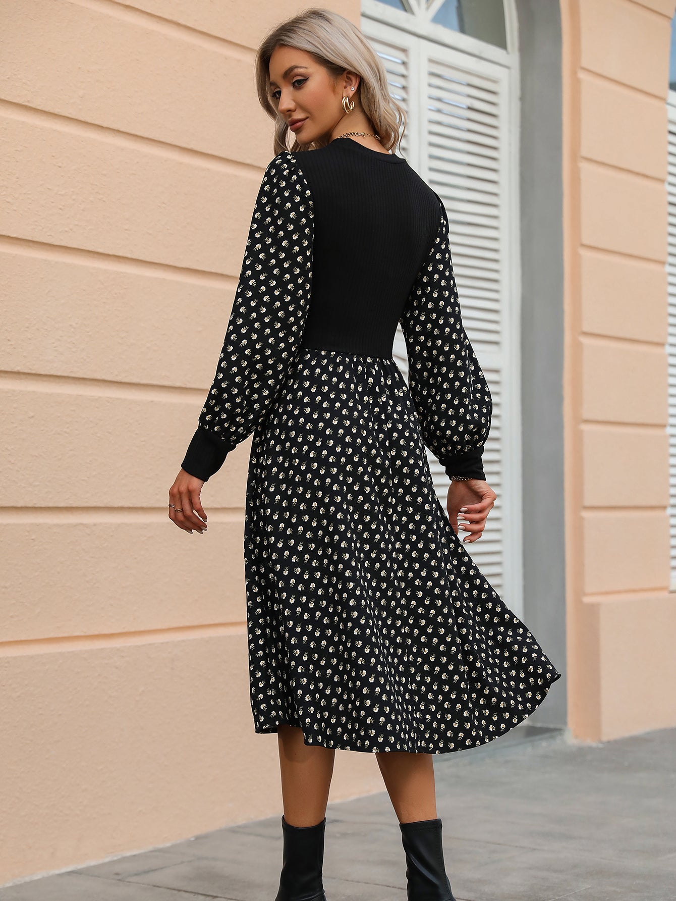 Elegant Floral Print Women Fashion Korean O-neck Puff Long Sleeve Knit Dress Fall Casual Lady Party Black A-Line Maxi Dresses