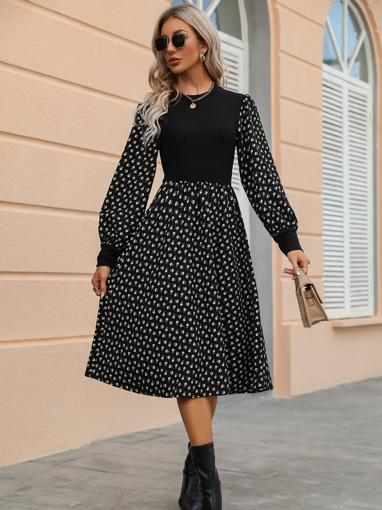 Elegant Floral Print Women Fashion Korean O-neck Puff Long Sleeve Knit Dress Fall Casual Lady Party Black A-Line Maxi Dresses