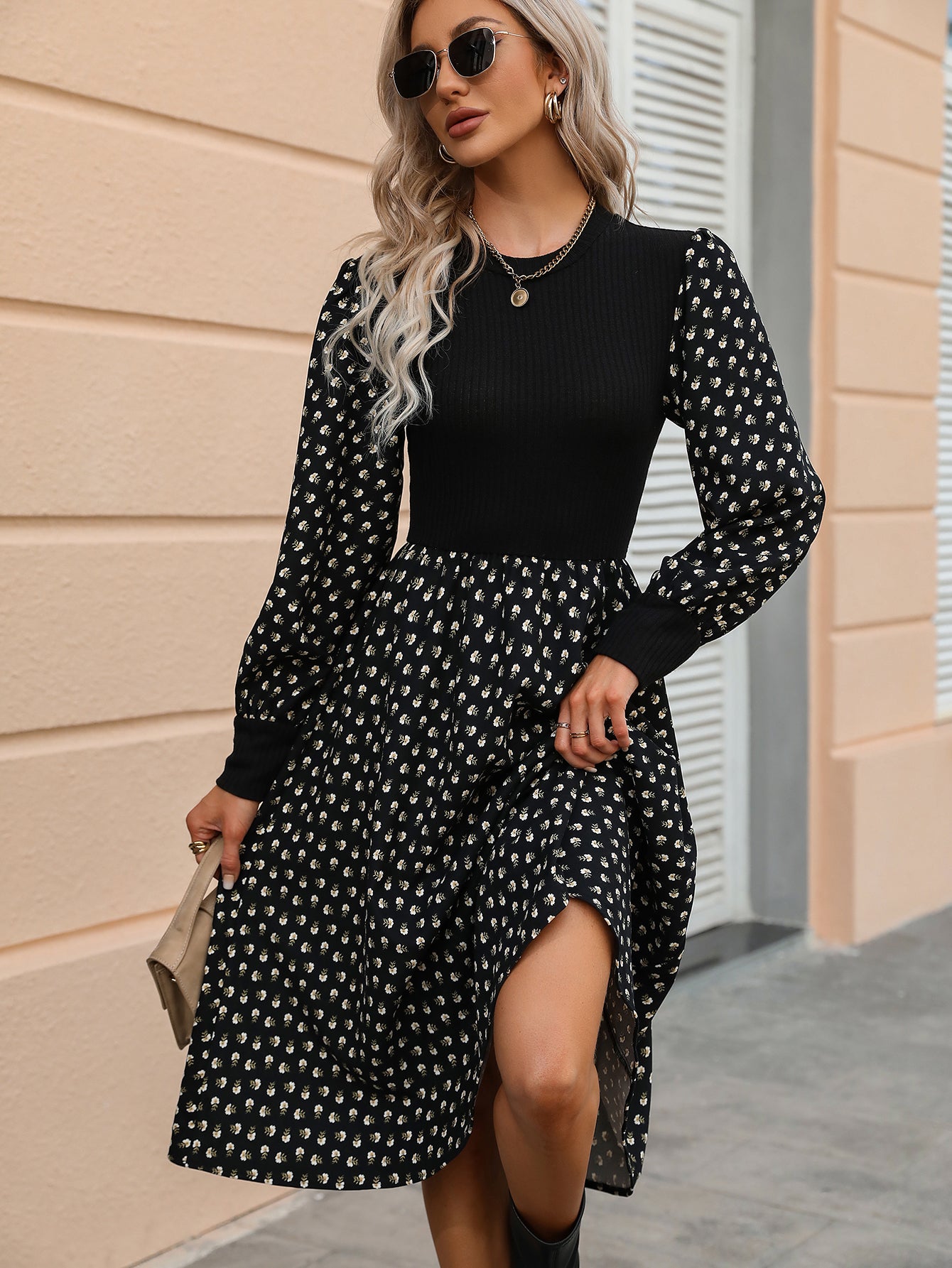 Elegant Floral Print Women Fashion Korean O-neck Puff Long Sleeve Knit Dress Fall Casual Lady Party Black A-Line Maxi Dresses