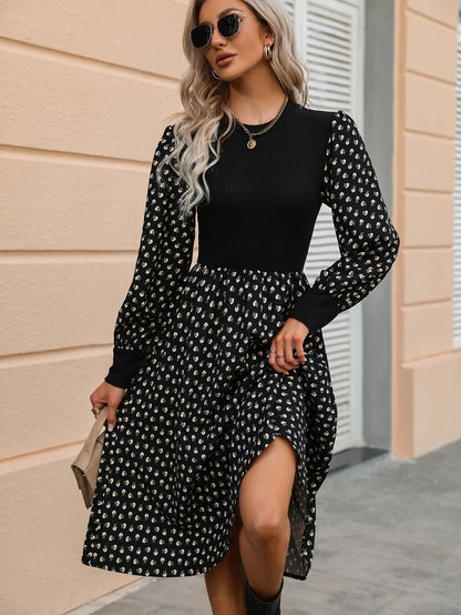 Elegant Floral Print Women Fashion Korean O-neck Puff Long Sleeve Knit Dress Fall Casual Lady Party Black A-Line Maxi Dresses